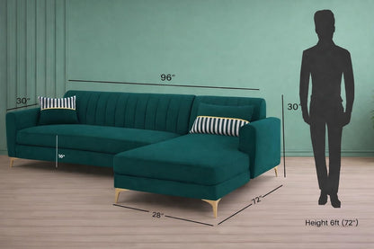 Adorn India Premium Luster 6 Seater L Shape Sofa Set | Velvet Suede Fabric | 3-Year Warranty | RHS |Color Ocean Blue with Golden Legs & Striped Pattern Cushion