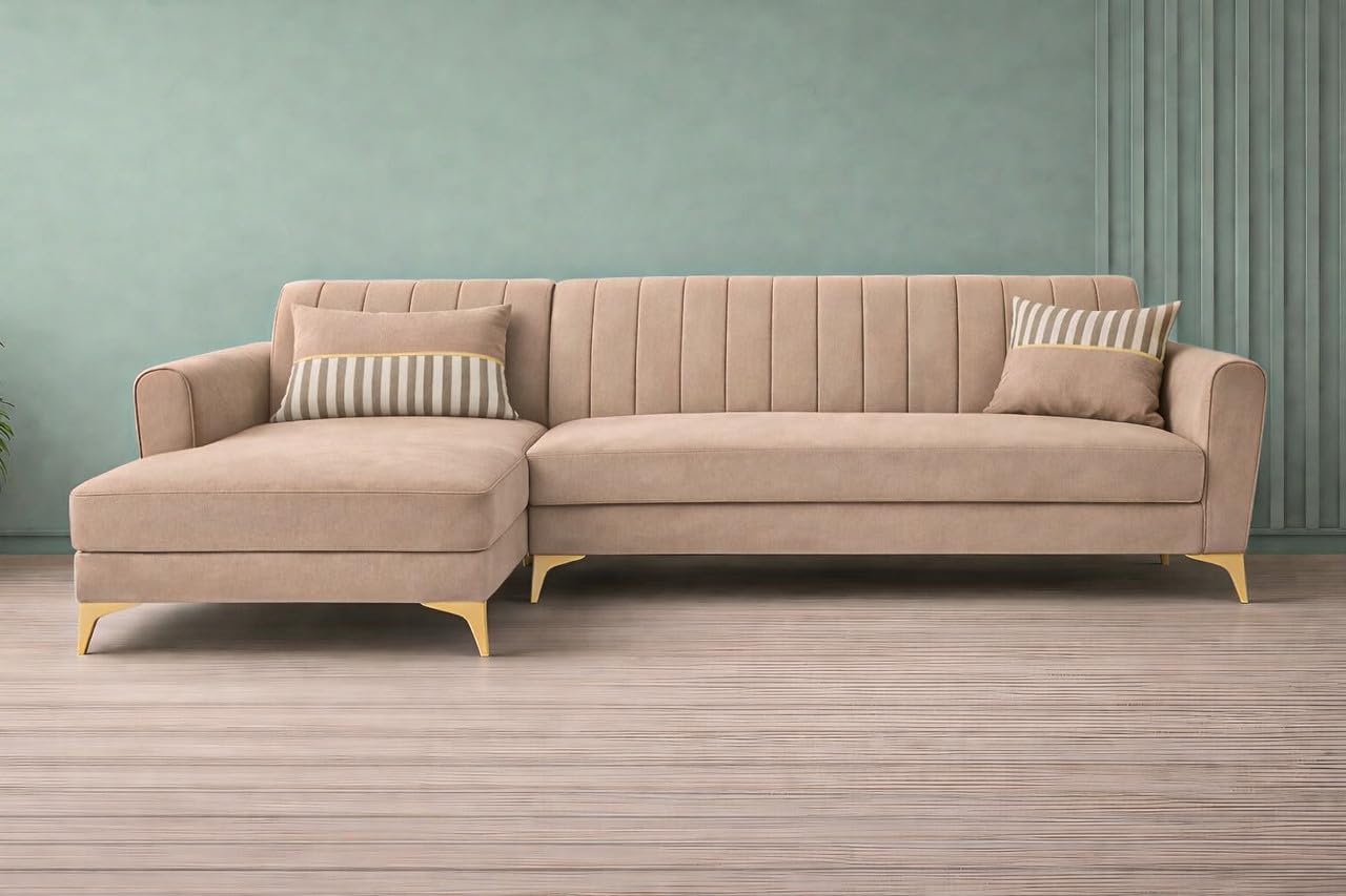 Adorn India Premium Luster 6 Seater L Shape Sofa Set | Velvet Suede Fabric | 3-Year Warranty | LHS |Color Beige with Golden Legs & Striped Pattern Cushion