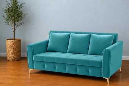 Adorn India Premium Mystic - 3 Years Warranty - 3 Seater Sofa Cum Bed Velvet Suede Fabric - Aqua Blue