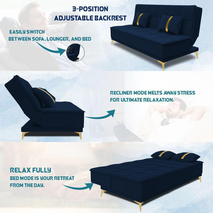 Adorn India Premium New Alyssum 3 Seater Sofa Cum Bed 4X6 Velvet Suede with 2 Cushions (Color Blue) and Suitable for All Indoor, with 3 Years Warranty
