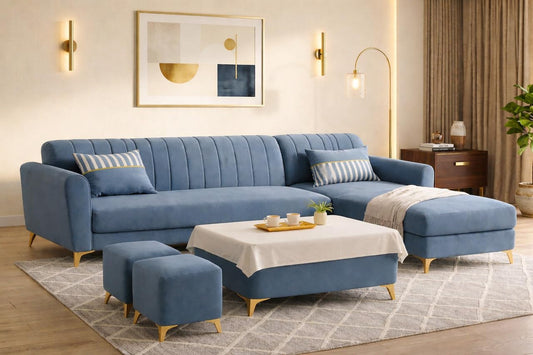 Adorn India Premium Luster 8 Seater L Shape Sofa Set with 2 Puffy & 1 Center Table | Velvet Suede Fabric | 3-Year Warranty | RHS | Grey with Golden Legs & Striped Pattern Cushion