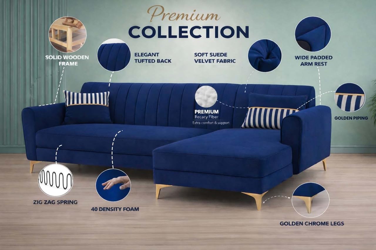 Adorn India Premium Luster 6 Seater L Shape Sofa Set | Velvet Suede Fabric | 3-Year Warranty | RHS |Color Blue with Golden Legs & Striped Pattern Cushion
