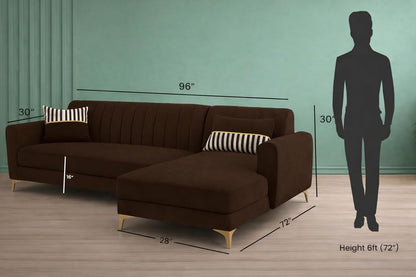 Adorn India Premium Luster 6 Seater L Shape Sofa Set | Velvet Suede Fabric | 3-Year Warranty | RHS |Color Brown with Golden Legs & Striped Pattern Cushion