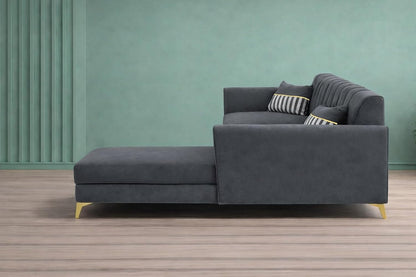 Adorn India Premium Luster 6 Seater L Shape Sofa Set | Velvet Suede Fabric | 3-Year Warranty | RHS |Color Dark Grey with Golden Legs & Striped Pattern Cushion