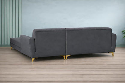 Adorn India Premium Luster 6 Seater L Shape Sofa Set | Velvet Suede Fabric | 3-Year Warranty | RHS |Color Dark Grey with Golden Legs & Striped Pattern Cushion