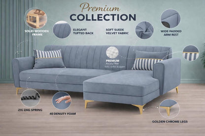 Adorn India Premium Luster 8 Seater L Shape Sofa Set with 2 Puffy & 1 Center Table | Velvet Suede Fabric | 3-Year Warranty | RHS | Grey with Golden Legs & Striped Pattern Cushion