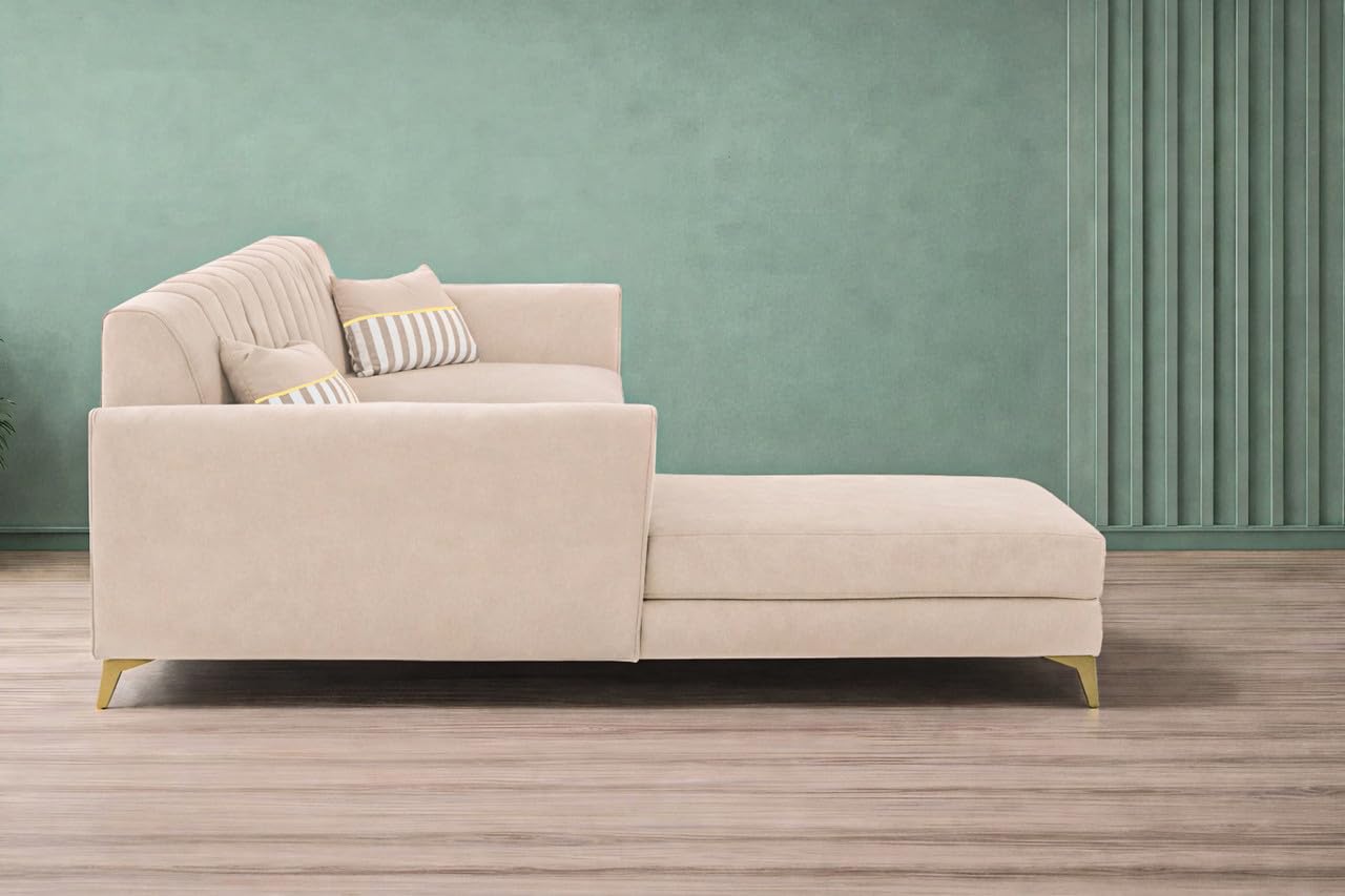 Adorn India Premium Luster 8 Seater L Shape Sofa Set with 2 Puffy & 1 Center Table | Velvet Suede Fabric | 3-Year Warranty | LHS | Cream with Golden Legs & Striped Pattern Cushion