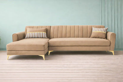Adorn India Premium Luster 6 Seater L Shape Sofa Set | Velvet Suede Fabric | 3-Year Warranty | LHS |Color Camel with Golden Legs & Striped Pattern Cushion