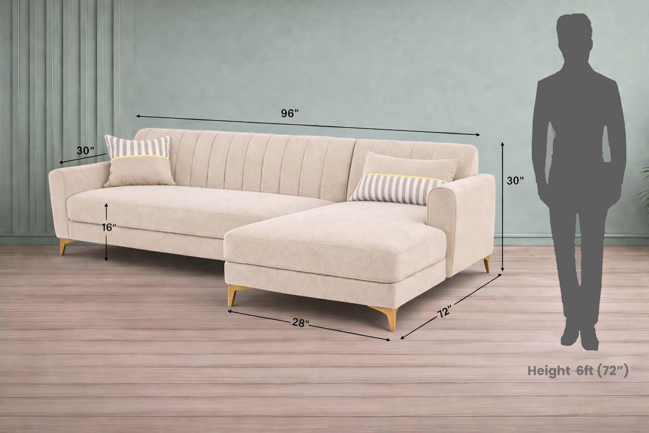 Adorn India Premium Luster 6 Seater L Shape Sofa Set | Velvet Suede Fabric | 3-Year Warranty | RHS |Color Cream with Golden Legs & Striped Pattern Cushion