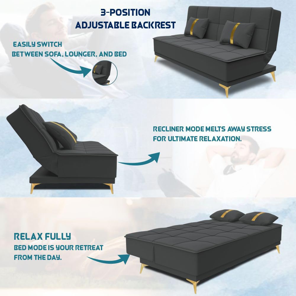 Adorn India Premium New Alyssum 3 Seater Sofa Cum Bed 4X6 Velvet Suede with 2 Cushions (Color Dark Grey) and Suitable for All Indoor, with 3 Years Warranty