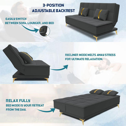 Adorn India Premium New Alyssum 3 Seater Sofa Cum Bed 4X6 Velvet Suede with 2 Cushions (Color Dark Grey) and Suitable for All Indoor, with 3 Years Warranty