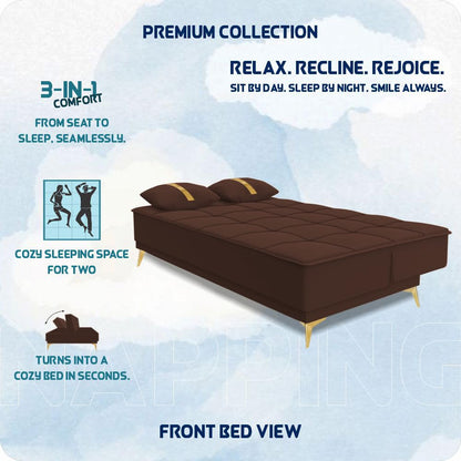 Adorn India Premium New Alyssum 3 Seater Sofa Cum Bed 4X6 Velvet Suede with 2 Cushions (Color Brown) and Suitable for All Indoor, with 3 Years Warranty