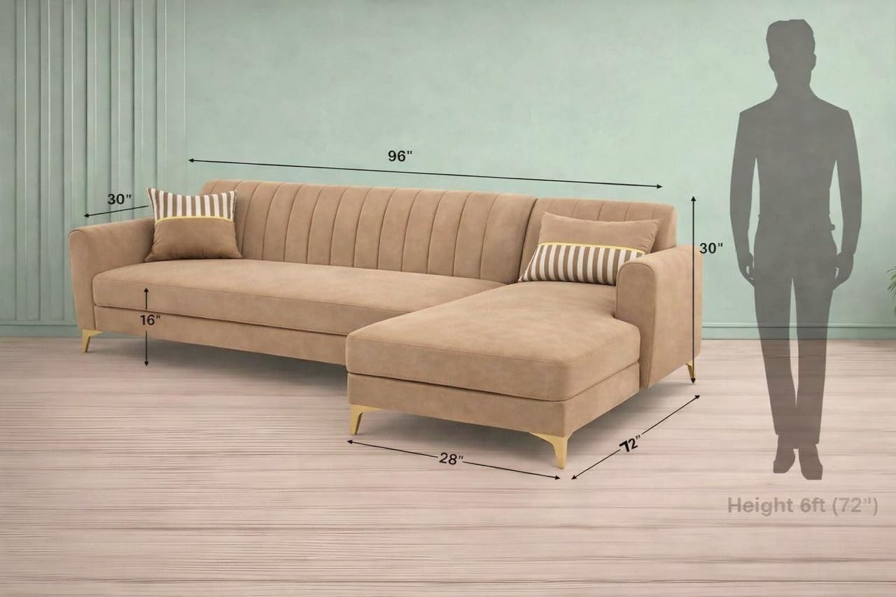 Adorn India Premium Luster 6 Seater L Shape Sofa Set | Velvet Suede Fabric | 3-Year Warranty | RHS |Color Camel with Golden Legs & Striped Pattern Cushion
