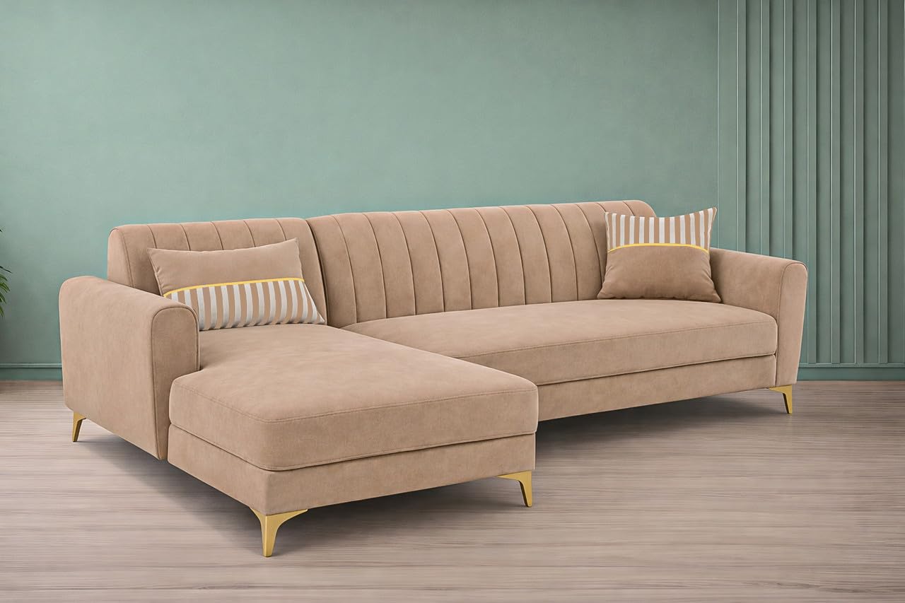 Adorn India Premium Luster 6 Seater L Shape Sofa Set | Velvet Suede Fabric | 3-Year Warranty | LHS |Color Beige with Golden Legs & Striped Pattern Cushion