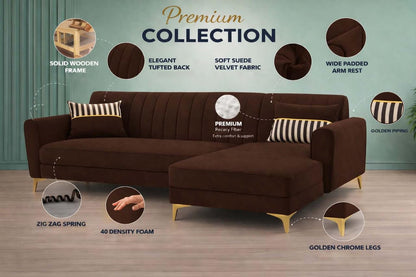 Adorn India Premium Luster 6 Seater L Shape Sofa Set | Velvet Suede Fabric | 3-Year Warranty | RHS |Color Brown with Golden Legs & Striped Pattern Cushion