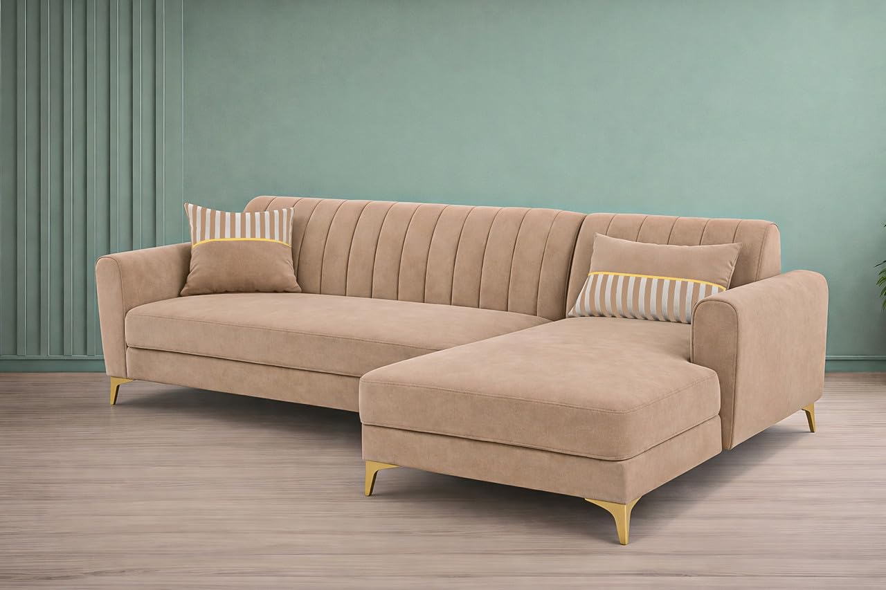 Adorn India Premium Luster 6 Seater L Shape Sofa Set | Velvet Suede Fabric | 3-Year Warranty | RHS |Color Beige with Golden Legs & Striped Pattern Cushion