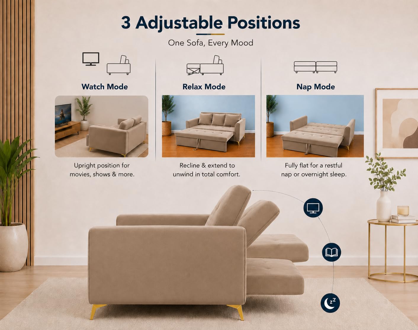 Adorn India Premium Mystic - 3 Years Warranty - 3 Seater Sofa Cum Bed Velvet Suede Fabric - Beige