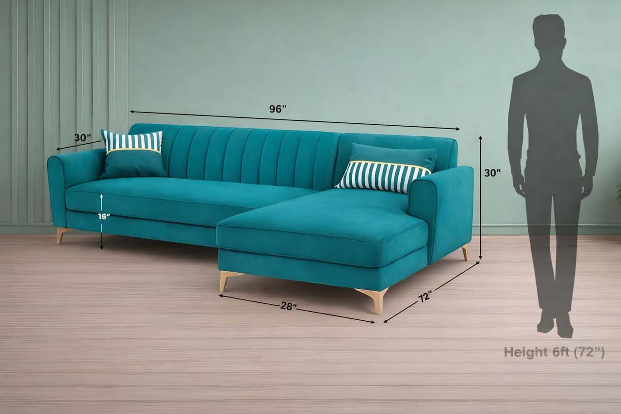 Adorn India Premium Luster 8 Seater L Shape Sofa Set with 2 Puffy & 1 Center Table | Velvet Suede Fabric | 3-Year Warranty | RHS | Aqua Blue with Golden Legs & Striped Pattern Cushion