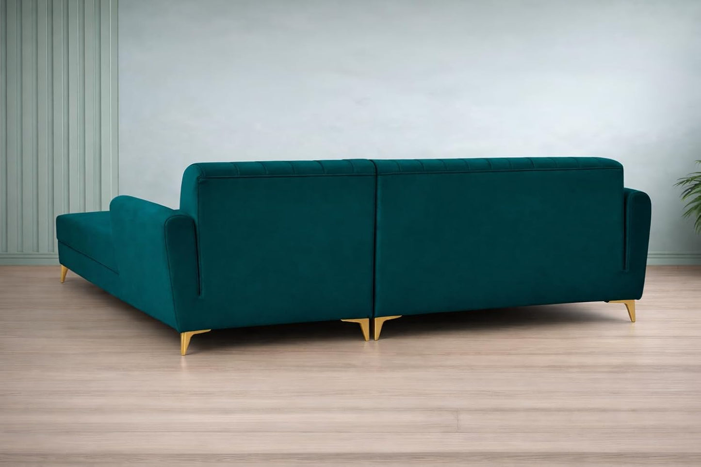 Adorn India Premium Luster 6 Seater L Shape Sofa Set | Velvet Suede Fabric | 3-Year Warranty | RHS |Color Ocean Blue with Golden Legs & Striped Pattern Cushion