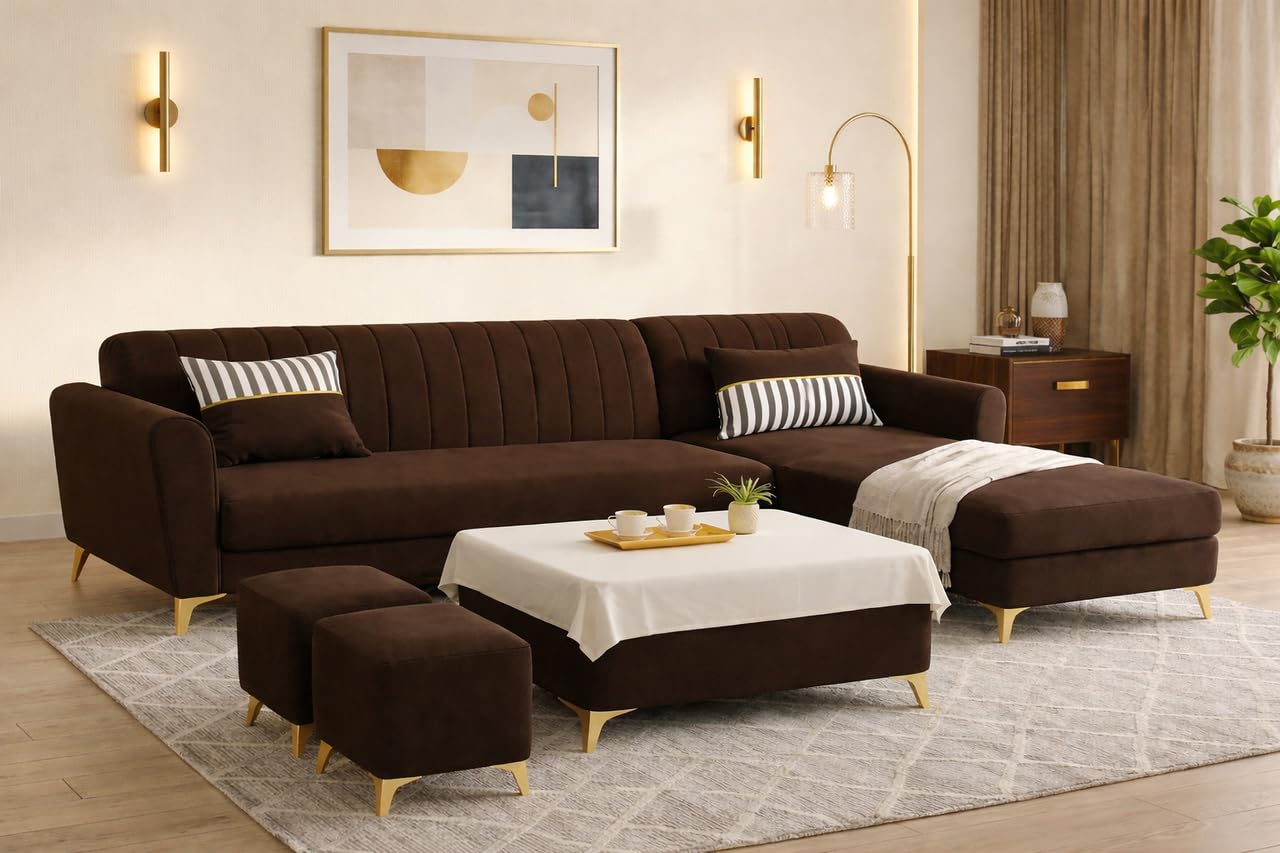 Adorn India Premium Luster 8 Seater L Shape Sofa Set with 2 Puffy & 1 Center Table | Velvet Suede Fabric | 3-Year Warranty | RHS | Brown with Golden Legs & Striped Pattern Cushion