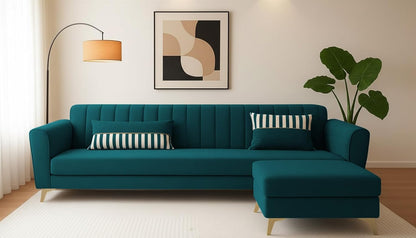 Adorn India Premium Luster 4 Seater L Shape Sofa Set | Velvet Suede Fabric | 3-Year Warranty | Color Ocean Blue with Golden Legs & Striped Pattern Cushion