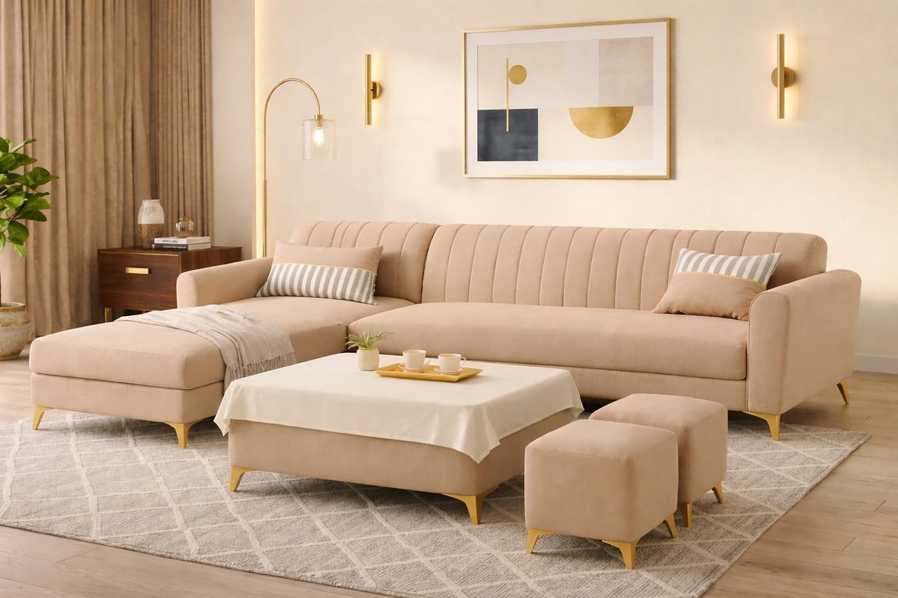 Adorn India Premium Luster 8 Seater L Shape Sofa Set with 2 Puffy & 1 Center Table | Velvet Suede Fabric | 3-Year Warranty | LHS | Beige with Golden Legs & Striped Pattern Cushion
