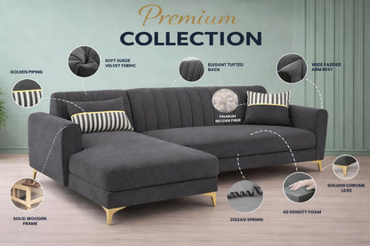 Adorn India Premium Luster 8 Seater L Shape Sofa Set with 2 Puffy & 1 Center Table | Velvet Suede Fabric | 3-Year Warranty | LHS | Dark Grey with Golden Legs & Striped Pattern Cushion