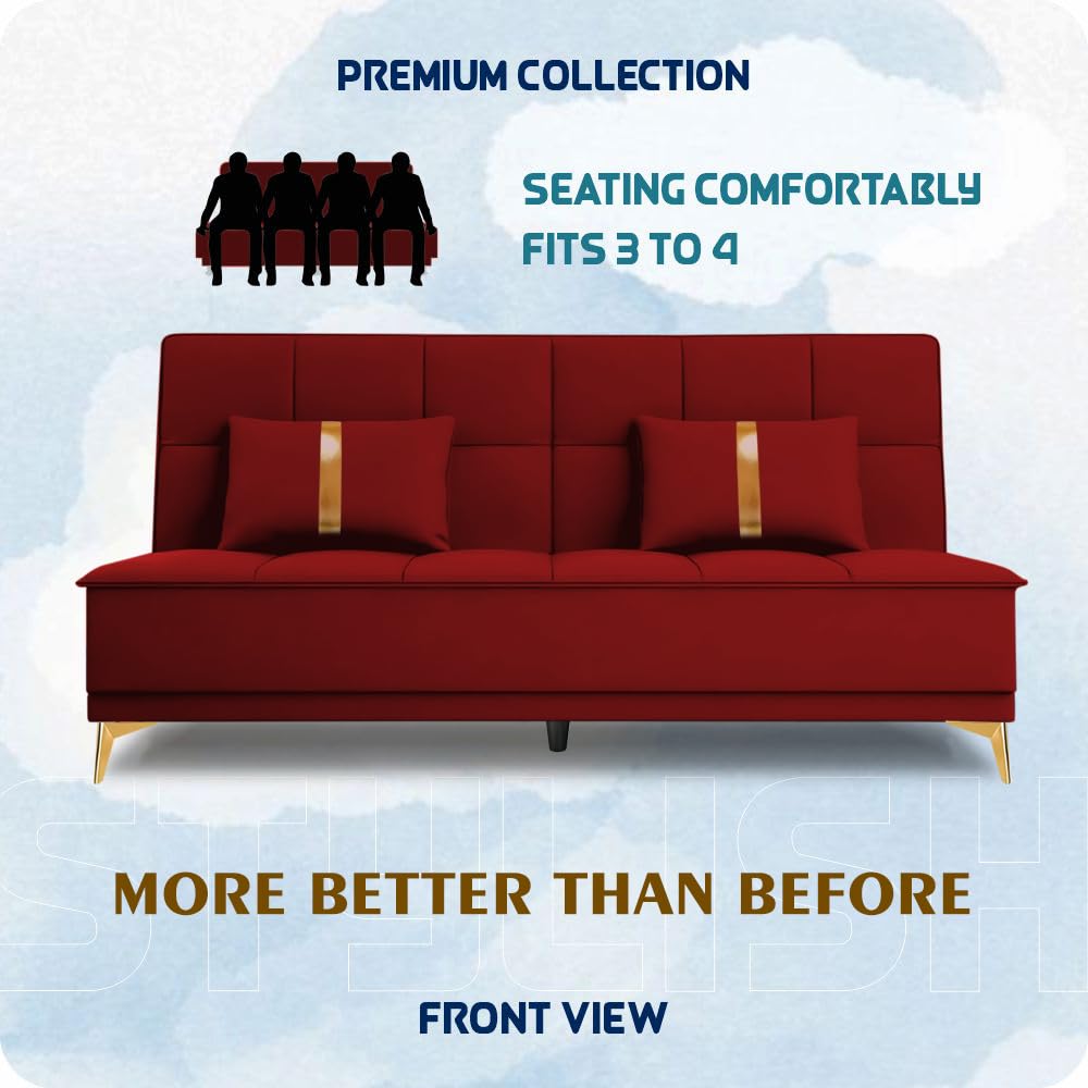 Adorn India Premium New Alyssum 3 Seater Sofa Cum Bed 4X6 Velvet Suede with 2 Cushions (Color Red) and Suitable for All Indoor, with 3 Years Warranty