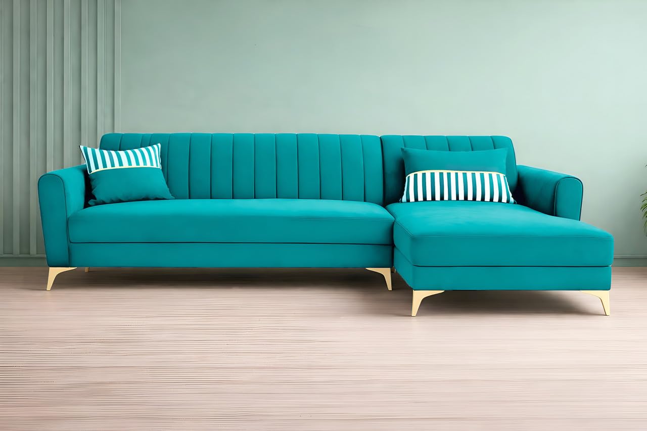 Adorn India Premium Luster 6 Seater L Shape Sofa Set | Velvet Suede Fabric | 3-Year Warranty | RHS |Color Aqua Blue with Golden Legs & Striped Pattern Cushion