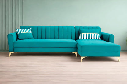 Adorn India Premium Luster 6 Seater L Shape Sofa Set | Velvet Suede Fabric | 3-Year Warranty | RHS |Color Aqua Blue with Golden Legs & Striped Pattern Cushion