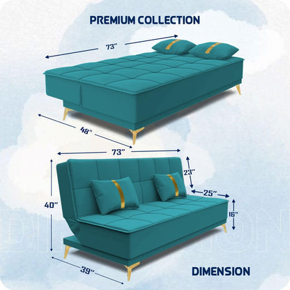 Adorn India Premium New Alyssum 3 Seater Sofa Cum Bed 4X6 Velvet Suede with 2 Cushions (Color Aqua Blue) and Suitable for All Indoor, with 3 Years Warranty