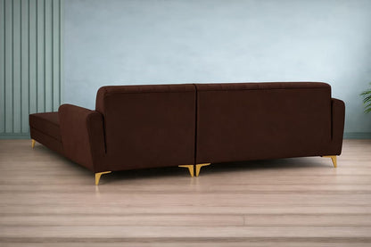 Adorn India Premium Luster 6 Seater L Shape Sofa Set | Velvet Suede Fabric | 3-Year Warranty | RHS |Color Brown with Golden Legs & Striped Pattern Cushion
