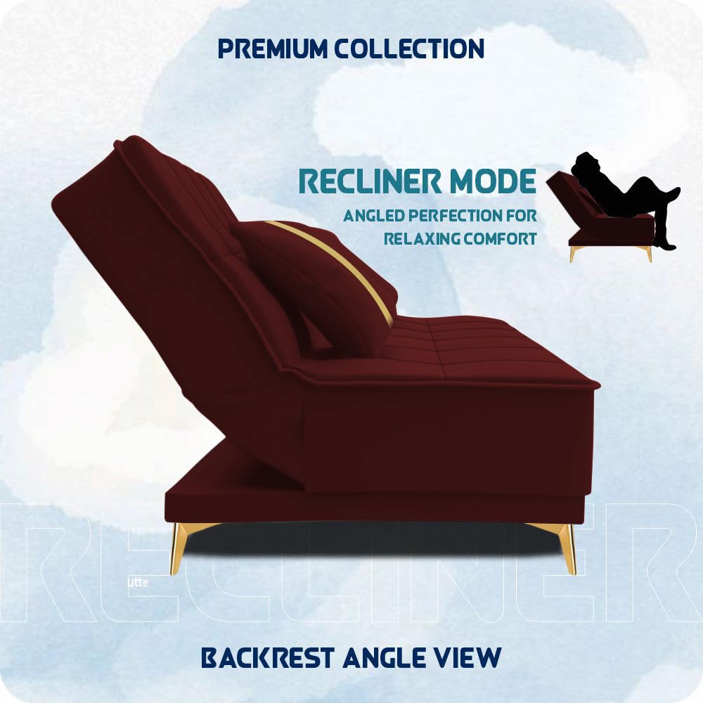 Adorn India Premium New Alyssum 3 Seater Sofa Cum Bed 4X6 Velvet Suede with 2 Cushions (Color Maroon) and Suitable for All Indoor, with 3 Years Warranty