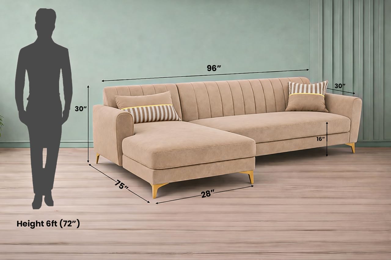 Adorn India Premium Luster 8 Seater L Shape Sofa Set with 2 Puffy & 1 Center Table | Velvet Suede Fabric | 3-Year Warranty | LHS | Beige with Golden Legs & Striped Pattern Cushion