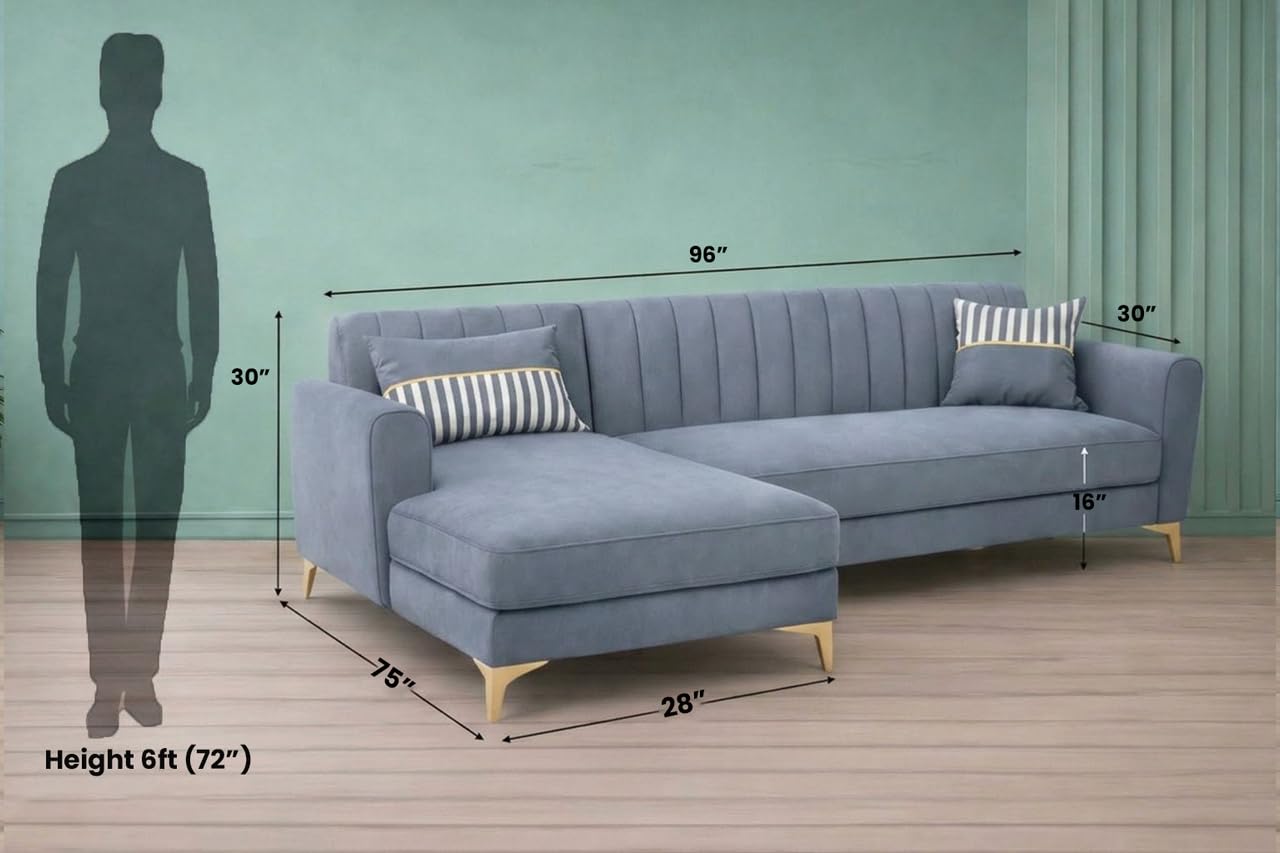 Adorn India Premium Luster 8 Seater L Shape Sofa Set with 2 Puffy & 1 Center Table | Velvet Suede Fabric | 3-Year Warranty | LHS | Grey with Golden Legs & Striped Pattern Cushion