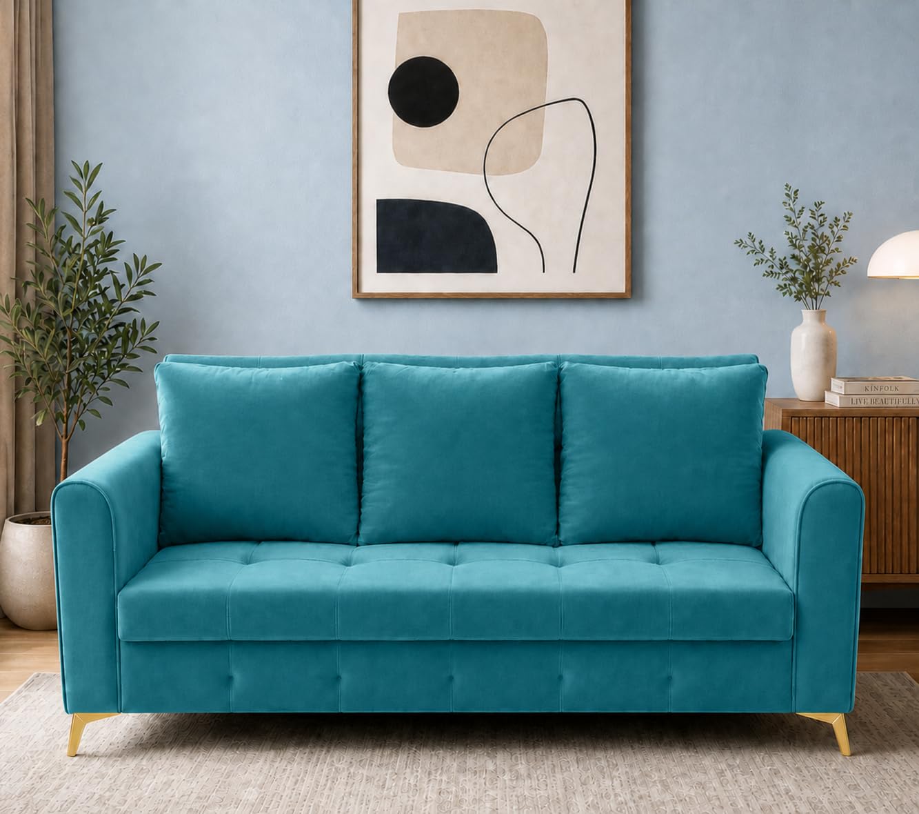 Adorn India Premium Mystic - 3 Years Warranty - 3 Seater Sofa Cum Bed Velvet Suede Fabric - Aqua Blue