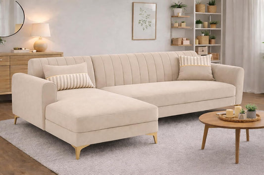 Adorn India Premium Luster 6 Seater L Shape Sofa Set | Velvet Suede Fabric | 3-Year Warranty | LHS |Color Cream with Golden Legs & Striped Pattern Cushion