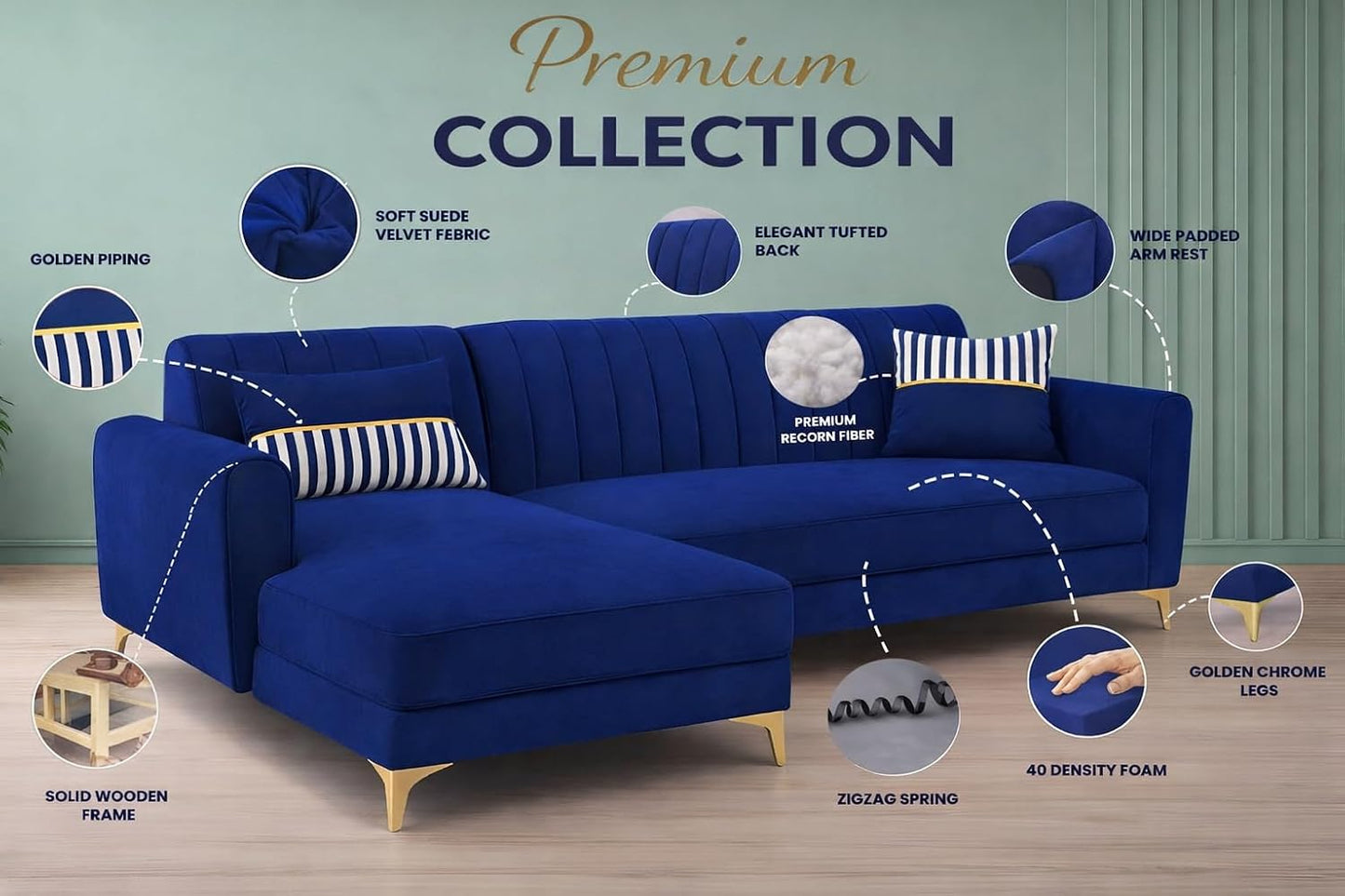 Adorn India Premium Luster 6 Seater L Shape Sofa Set | Velvet Suede Fabric | 3-Year Warranty | LHS |Color Blue with Golden Legs & Striped Pattern Cushion
