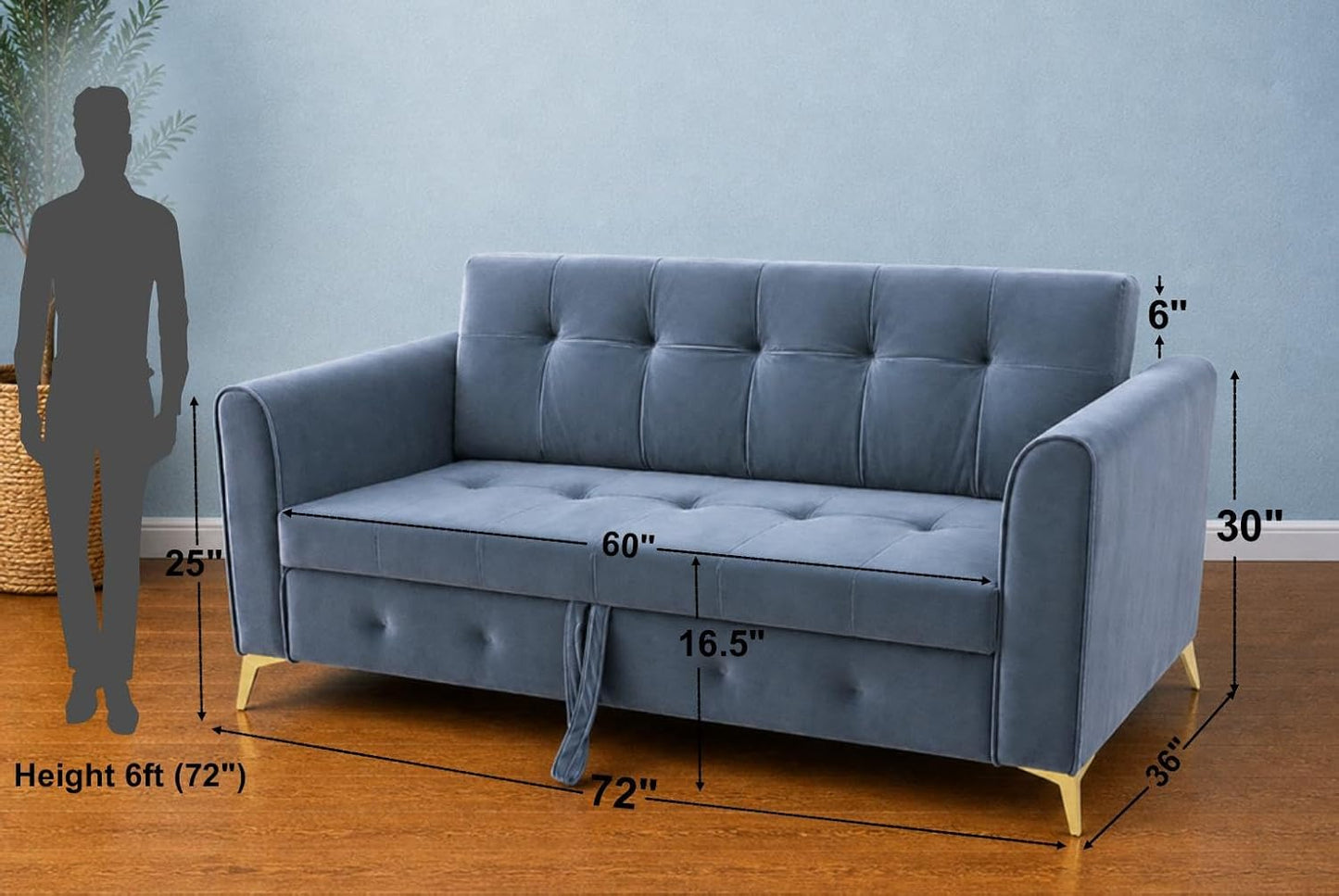 Adorn India Premium Mystic - 3 Years Warranty - 3 Seater Sofa Cum Bed Velvet Suede Fabric - Grey