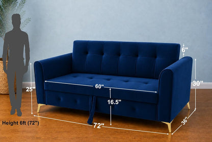 Adorn India Premium Mystic - 3 Years Warranty - 3 Seater Sofa Cum Bed Velvet Suede Fabric - Blue