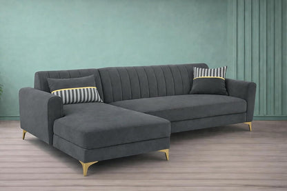 Adorn India Premium Luster 6 Seater L Shape Sofa Set | Velvet Suede Fabric | 3-Year Warranty | LHS |Color Dark Grey with Golden Legs & Striped Pattern Cushion