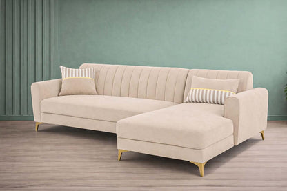 Adorn India Premium Luster 6 Seater L Shape Sofa Set | Velvet Suede Fabric | 3-Year Warranty | RHS |Color Cream with Golden Legs & Striped Pattern Cushion