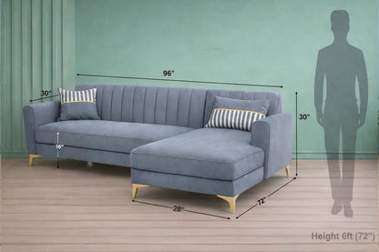 Adorn India Premium Luster 8 Seater L Shape Sofa Set with 2 Puffy & 1 Center Table | Velvet Suede Fabric | 3-Year Warranty | RHS | Grey with Golden Legs & Striped Pattern Cushion