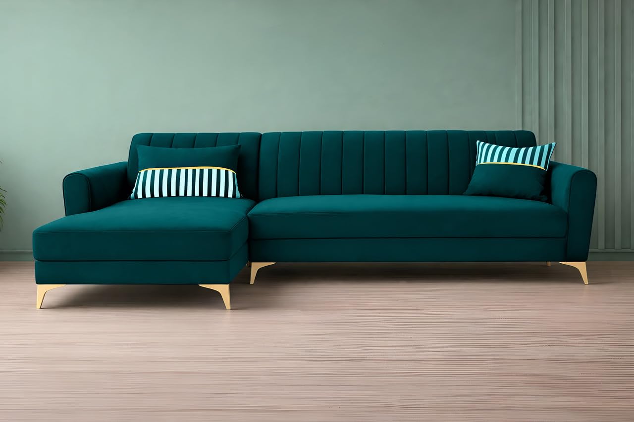 Adorn India Premium Luster 8 Seater L Shape Sofa Set with 2 Puffy & 1 Center Table | Velvet Suede Fabric | 3-Year Warranty | LHS | Ocean Blue with Golden Legs & Striped Pattern Cushion