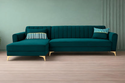 Adorn India Premium Luster 8 Seater L Shape Sofa Set with 2 Puffy & 1 Center Table | Velvet Suede Fabric | 3-Year Warranty | LHS | Ocean Blue with Golden Legs & Striped Pattern Cushion