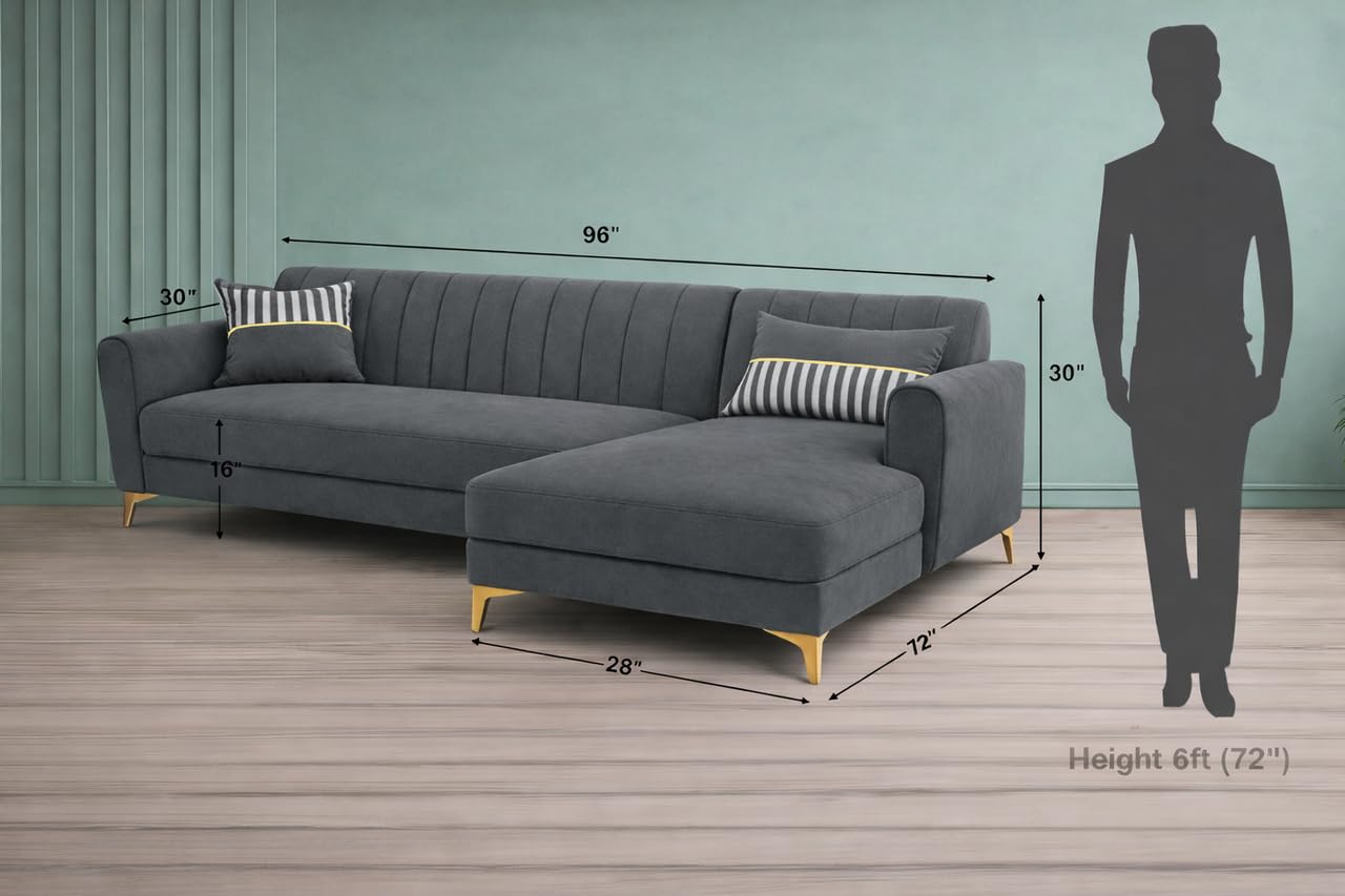 Adorn India Premium Luster 8 Seater L Shape Sofa Set with 2 Puffy & 1 Center Table | Velvet Suede Fabric | 3-Year Warranty | RHS | Dark Grey with Golden Legs & Striped Pattern Cushion