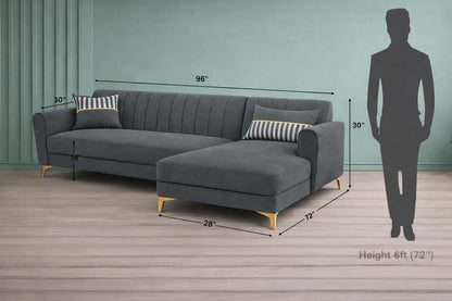 Adorn India Premium Luster 8 Seater L Shape Sofa Set with 2 Puffy & 1 Center Table | Velvet Suede Fabric | 3-Year Warranty | RHS | Dark Grey with Golden Legs & Striped Pattern Cushion