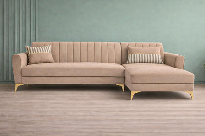 Adorn India Premium Luster 8 Seater L Shape Sofa Set with 2 Puffy & 1 Center Table | Velvet Suede Fabric | 3-Year Warranty | RHS | Beige with Golden Legs & Striped Pattern Cushion