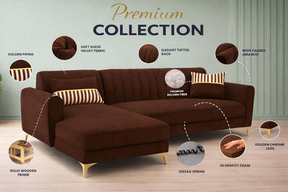 Adorn India Premium Luster 6 Seater L Shape Sofa Set | Velvet Suede Fabric | 3-Year Warranty | LHS |Color Brown with Golden Legs & Striped Pattern Cushion