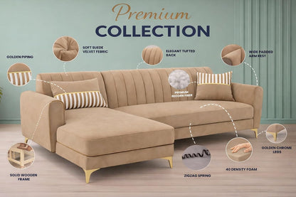 Adorn India Premium Luster 6 Seater L Shape Sofa Set | Velvet Suede Fabric | 3-Year Warranty | LHS |Color Camel with Golden Legs & Striped Pattern Cushion